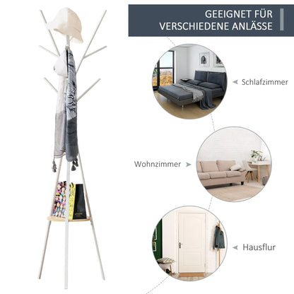 HOMCOM Garderobe, Hutständer mit 8 Haken, Kleiderständer mit Ablage, Stehkleiderschrank für Kleidung, Hüte, Taschen, Metall, Weiß, 45 x 45 x 180 cm