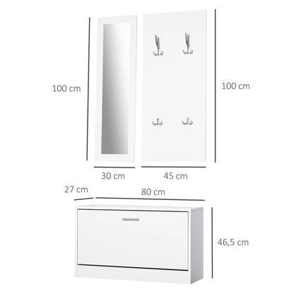 HOMCOM Möbelset für den Eingangsbereich 3-teiliges Schuhschrank-Spiegel-Garderobe mit 4 Haken zum Aufhängen von Kleidung 80x27x46,5 cm Weiß