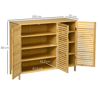 HOMCOM Schuhschrank aus Bambus für den Eingangsbereich mit 3 Lamellentüren und verstellbaren Regalen für 16 Paare von Schuhen, 100x35x80 cm Natur