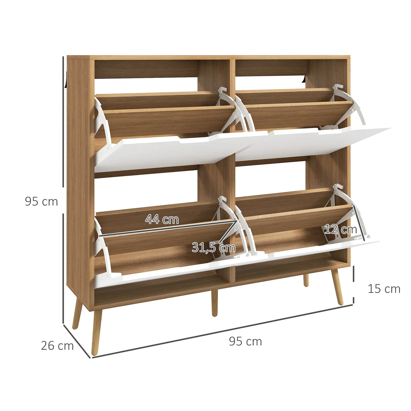 HOMCOM Schuhschrank mit 4 Klappen und verstellbaren Regalen, Schuhaufbewahrungsschrank für 16 Paar Schuhe, schmaler Schuhregal für den Eingangsbereich 95x26x95 cm Naturholz