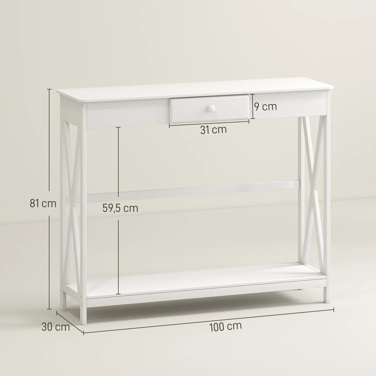 HOMCOM Konsolentisch aus Holz für den Eingangsbereich mit 1 Schublade und 1 Ablage für Flur und Wohnzimmer 100x30x81cm Weiß