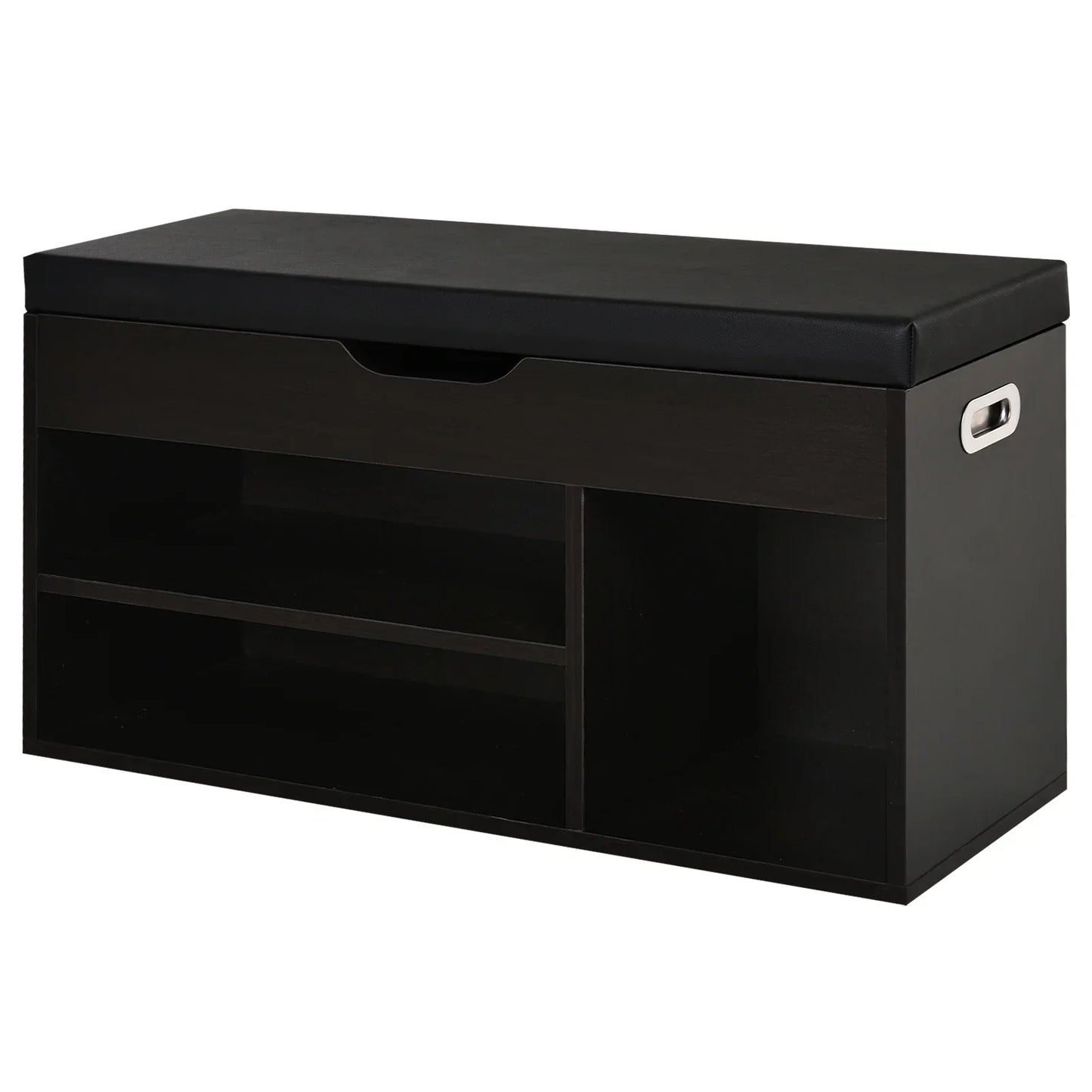 HOMCOM Gepolsteter Schuhschrank für den Eingangsbereich, Schuhschrank mit Schuhregal, 3 Fächer, Sitzfläche aus PU-Leder, für Wohn- und Flurbereich, 80x30x43 cm, Schwarz