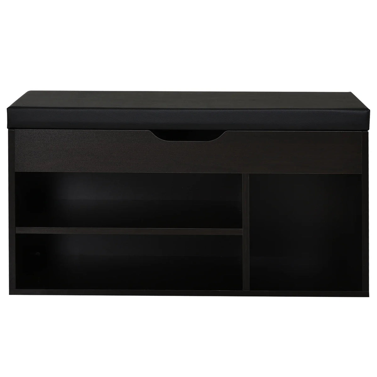 HOMCOM Gepolsteter Schuhschrank für den Eingangsbereich, Schuhschrank mit Schuhregal, 3 Fächer, Sitzfläche aus PU-Leder, für Wohn- und Flurbereich, 80x30x43 cm, Schwarz
