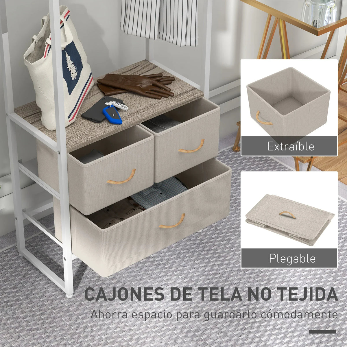 HOMCOM Garderobenständer für Flur mit 3 Stoffschubladen, Kleiderstange und Ablage für Flur, Schlafzimmer, Wohnzimmer 58,5x30x178 cm Natur