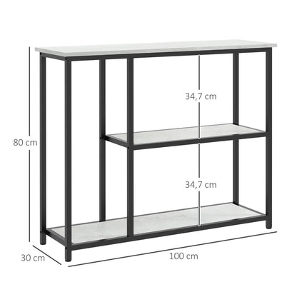 HOMCOM Konsolentisch, Flurtisch mit 3 Regalen, 100 x 30 x 80 cm, Beistelltisch, kleiner Präsentationstisch für schmale Räume, Flur, Diele, Wohnzimmer, Schlafzimmer, Weiß