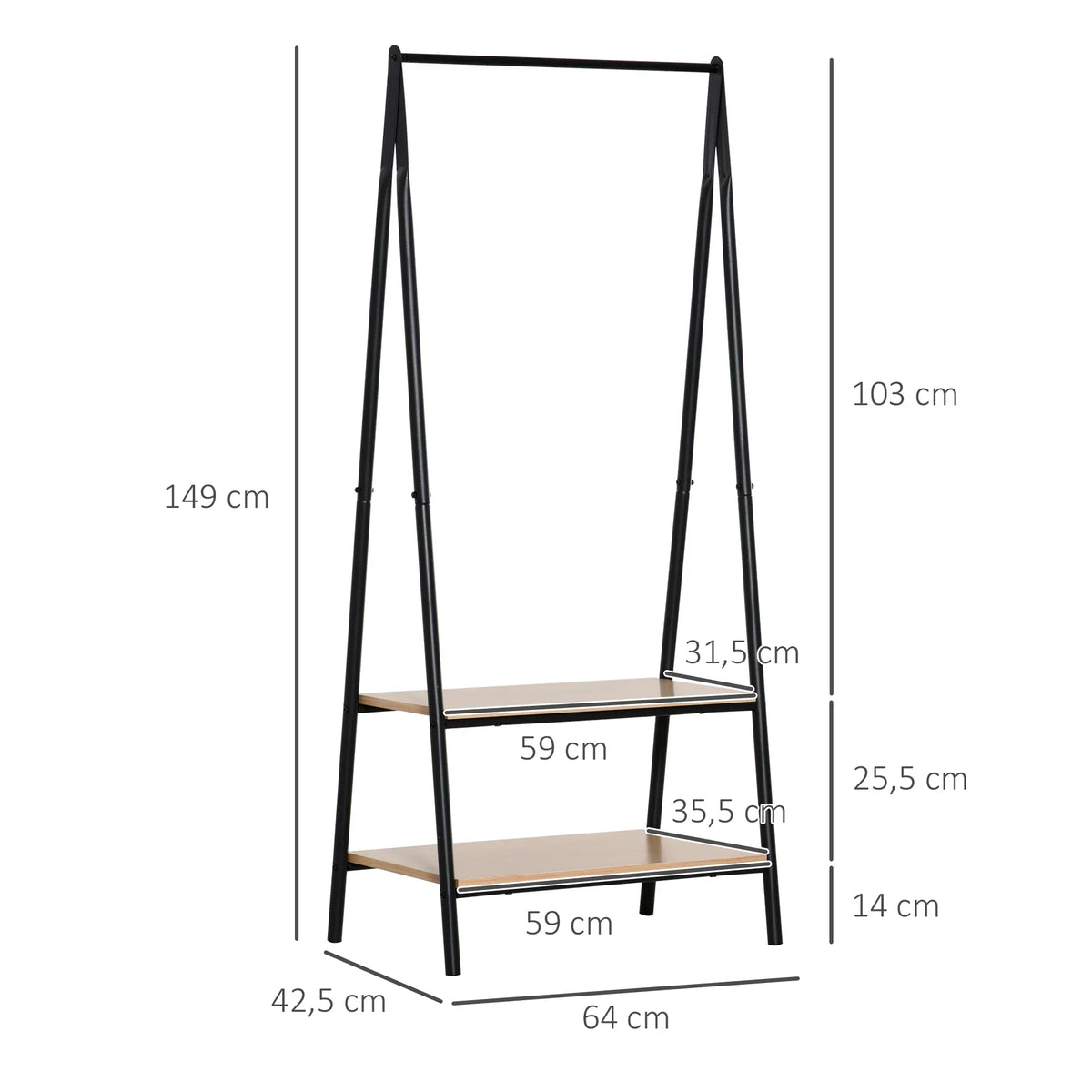 HOMCOM Kleiderständer mit Schuhablage, Wäscheablage, Metall + Holz Schwarz + Natur 64 x 42,5 x 149 cm