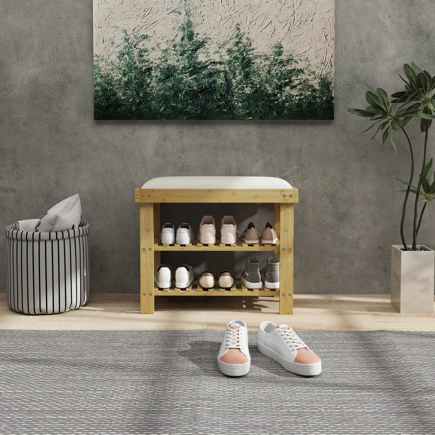 HOMCOM Schuhbank mit Sitzfläche, Bambus Sitzbank mit Stauraum, Schuhregal mit 2 offene Fächer, Sitzbank, Bank, Garderobenbank für Wohnzimmer, Flur, 60 x 29 x 49 cm Cremeweiß
