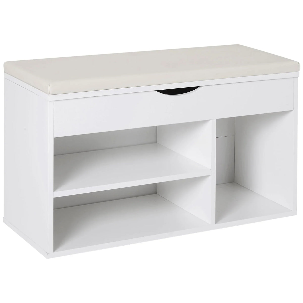 HOMCOM Schuhbank mit Sitzplatz – Moderne Schuhaufbewahrung für den Eingangsbereich mit Schublade, offenen Regalen und 1 Kissen für Flur 80x30x47cm
