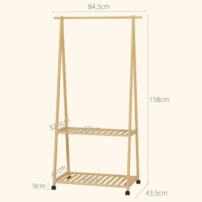 HOMCOM Bambus Kleiderständer mit Rollen, 2 offenen Regalen und 2 Haken, Kleiderständer für Eingangsbereich, Flur, Schlafzimmer 84,5x43,5x158 cm Natur