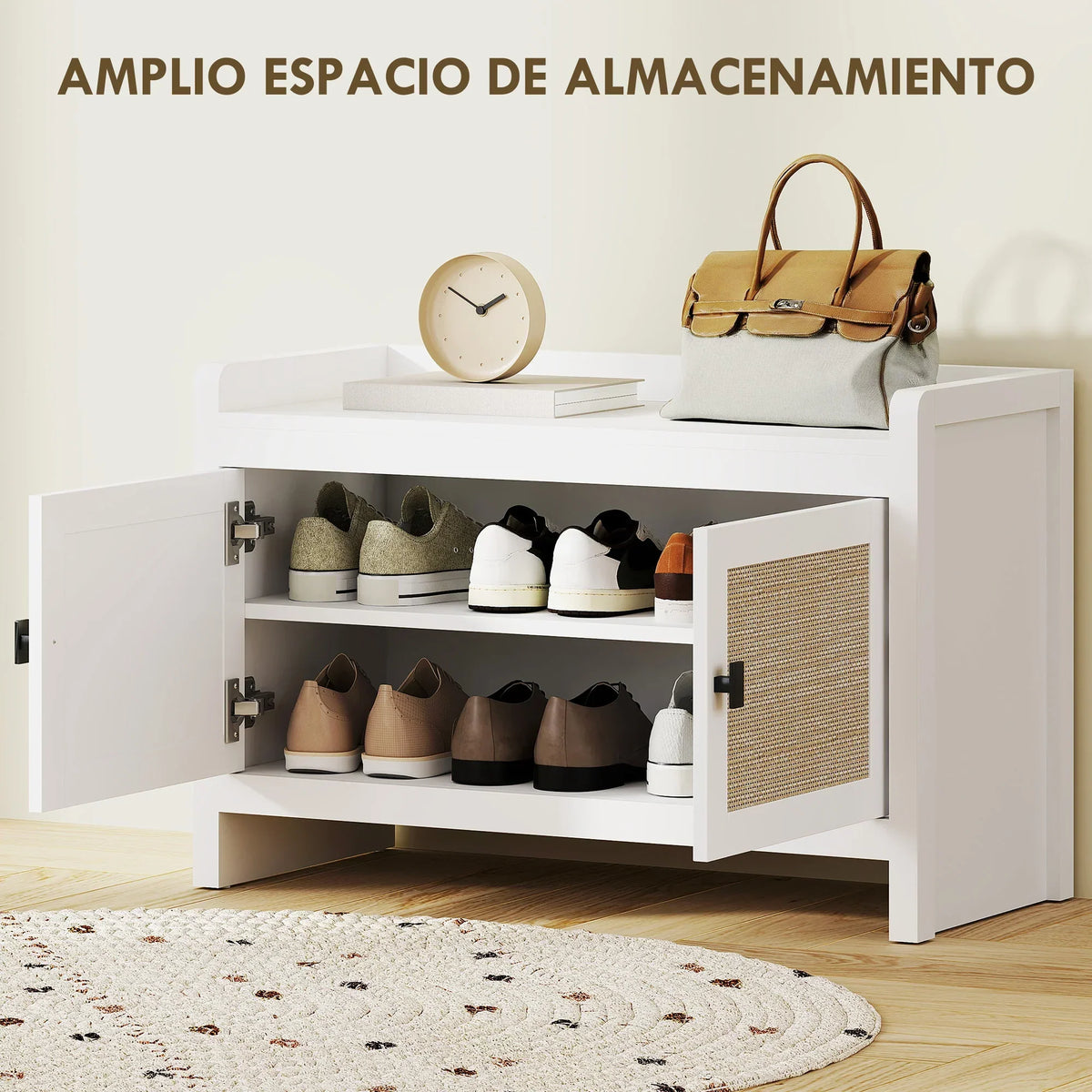 HOMCOM Bohemian Schuhbank mit Rattan-Fronttüren, Abnehmbares Regal für 8 Paar Schuhe für Flur und Schlafzimmer 80x35x52 cm Weiß