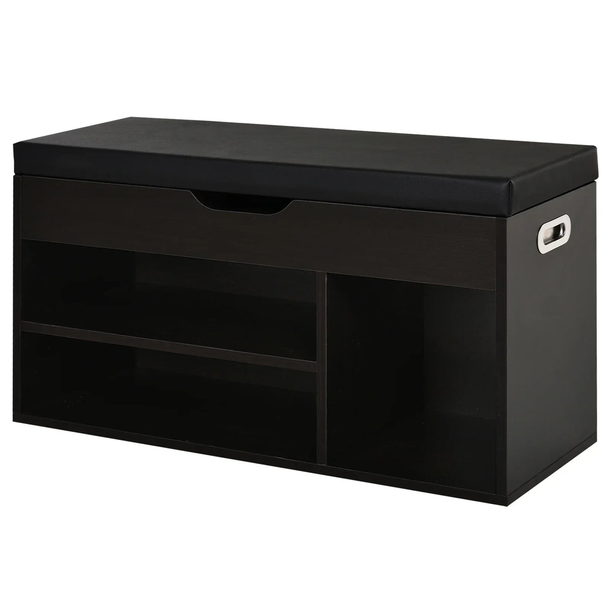 HOMCOM Gepolsteter Schuhschrank für den Eingangsbereich, Schuhschrank mit Schuhregal, 3 Fächer, Sitzfläche aus PU-Leder, für Wohn- und Flurbereich, 80x30x43 cm, Schwarz