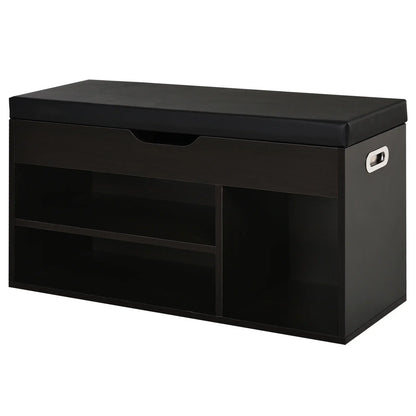 HOMCOM Gepolsteter Schuhschrank für den Eingangsbereich, Schuhschrank mit Schuhregal, 3 Fächer, Sitzfläche aus PU-Leder, für Wohn- und Flurbereich, 80x30x43 cm, Schwarz