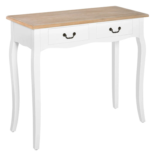 HOMCOM Konsolentisch Beistelltisch mit 2 Schubladen Retro-Design für Flur, Vorzimmer, Wohnzimmer, Schlafzimmer, Kiefer 87x34x78,5 cm Weiß