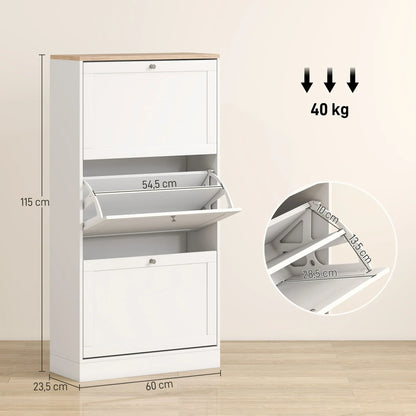 HOMCOM Schmales Schuhschrank mit 3 Klapptüren – Schuhaufbewahrung für den Eingangsbereich mit verstellbaren Regalen für 18 Paar Schuhe für schmale Flure 60x23,5x115 cm Weiß