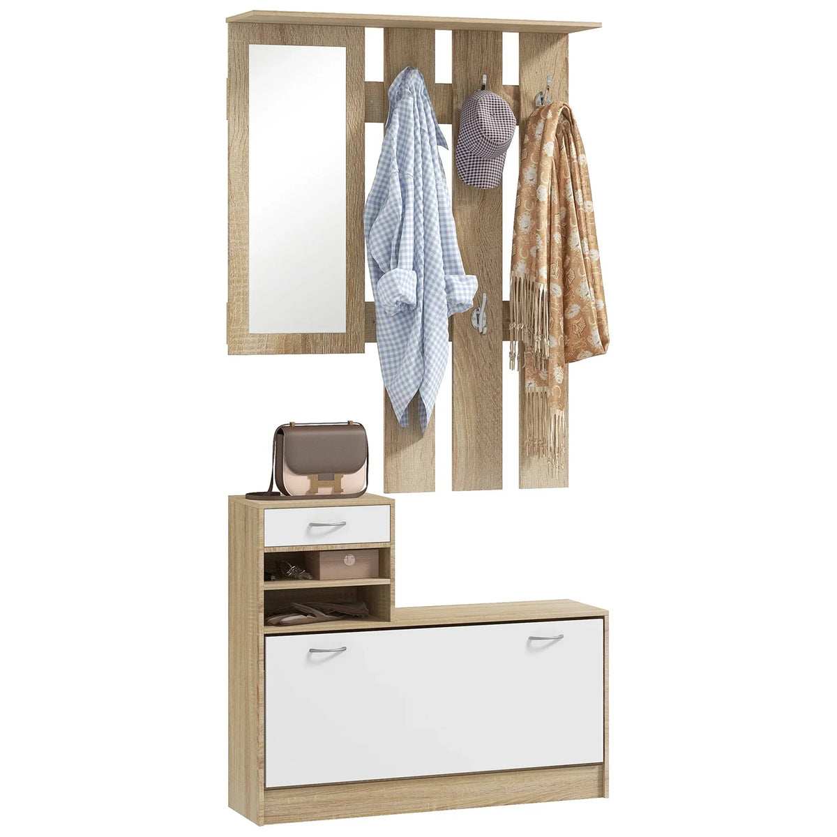 HOMCOM Flur Organizer mit Spiegel, Garderobe und Schuhschrank - 2-teiliges Möbelset für den Eingangsbereich mit 6 Haken, Regalen und Klappen-Schublade für einen natürlichen Flur