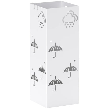 HOMCOM Regenschirmständer aus Stahl mit 4 Haken und abnehmbarem Tropfbehälter – Weißer Regenschirmhalter für Flur und Büro 15,5x15,5x41 cm