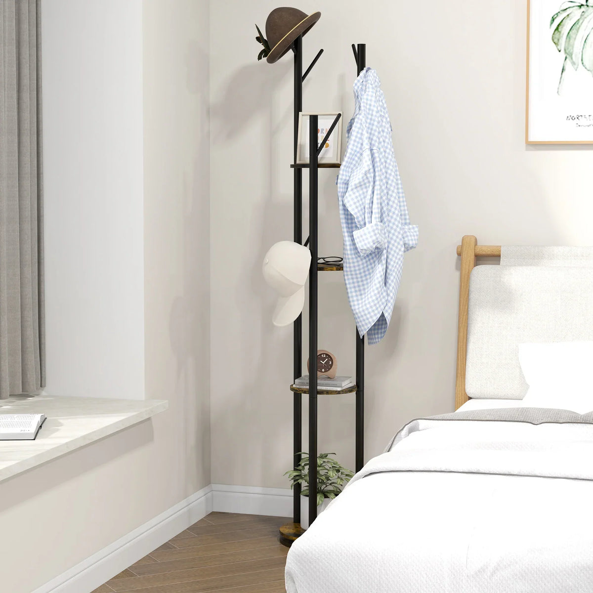 HOMCOM Drehbarer Freistehender Kleiderständer mit 8 Haken und 4 Regalen, Industrieller Kleiderständer für Eingangsbereich und Schlafzimmer, Ø30x175cm, Rustik Braun