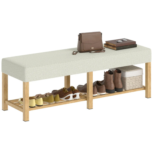 HOMCOM Panchina Scarpiera — Panchina moderna per ingresso con seduta imbottita per 2, scarpiera aperta, legno di gomma, per ingresso, corridoio, soggiorno, 140 x 44 x 48 cm, crema e legno naturale